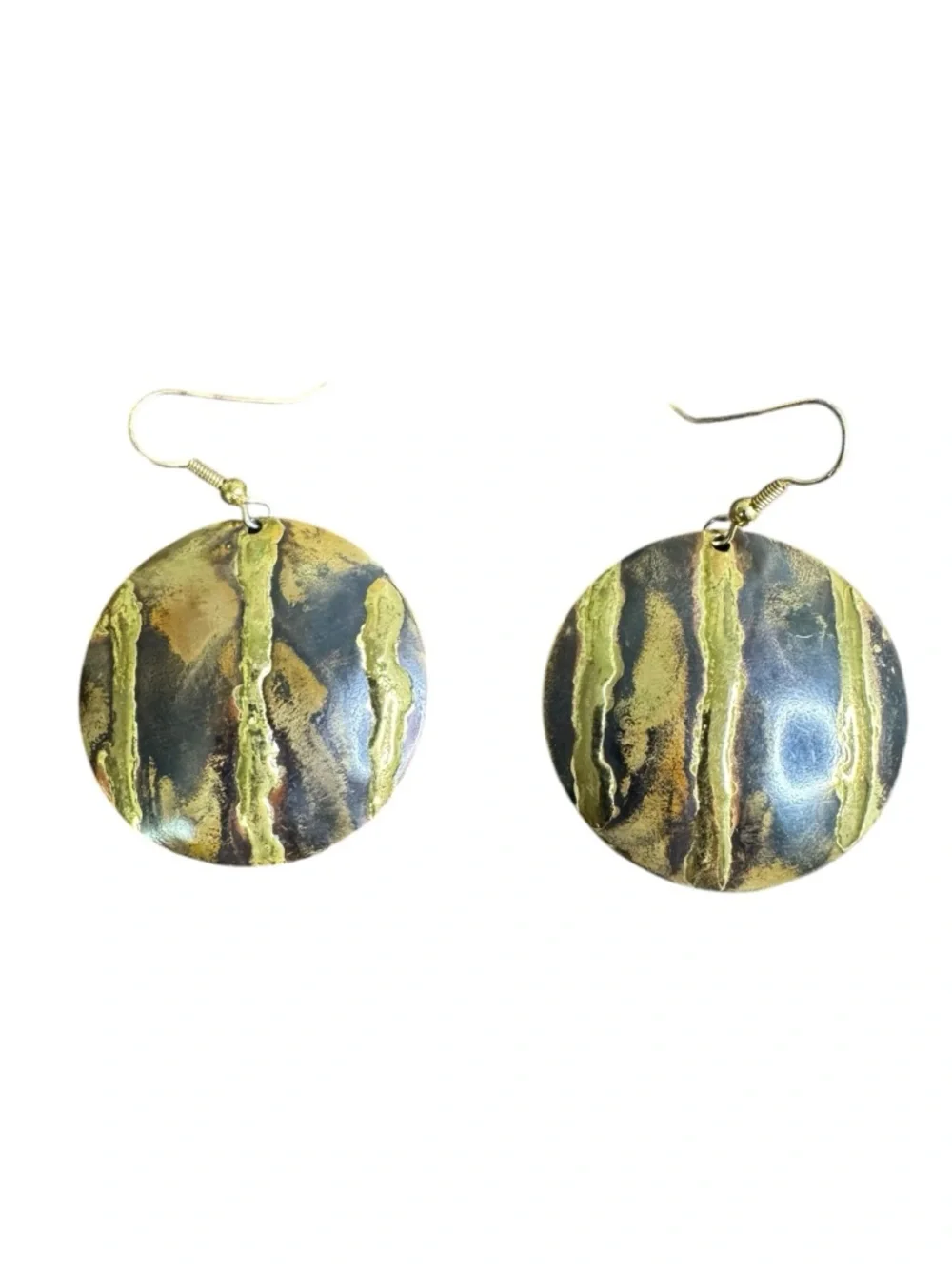 🍄Hand Crafted Gold Textured Round Drop Earrings - Copper and Brass - Picture 1 of 8